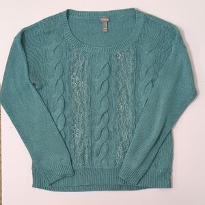 Cable Knit Lace Panel Sweater Womens 2XL Teal Aqua Cozy Cottagecore Knit Top